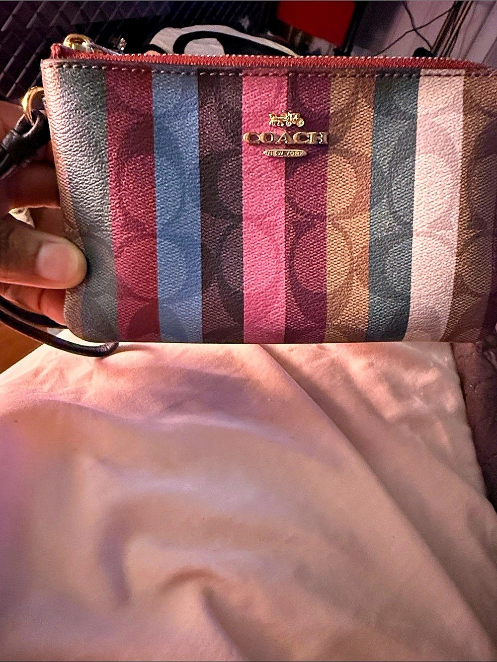 Coach Corner Zip Wristlet In Signature Canvas With Stripe Multicolor